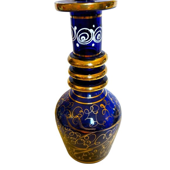 Vintage Bohemian Persian Hand-Painted Cobalt Blue & Gold Glass Decanter - Picture 11 of 13